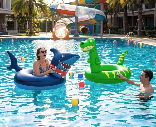 Vista 5 de 2 flotadores inflables de piscina para adultos: tubos de tiburón de dinosaurio de verano, flotadores de natación, anillos de decoración de fiesta
