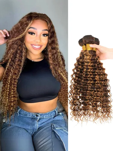Vista 33 de Cabello Humano Rizado Castaño Rojizo, Trama Gruesa Castaño Cobrizo Rojo Coloreado Ondas Profundas Paquetes Individuales Cabello Humano 12A Tejido