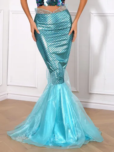 Vista 3 de FEESHOW Falda larga de lentejuelas brillantes para mujer, disfraz de Halloween, cola de sirena