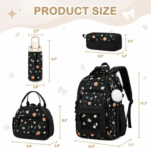 Vista 2 de 4PCS Girls Backpack Pin Display Ita Bag with Lunch Box B-negro Bloom