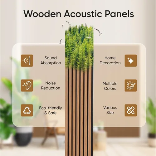 Vista 2 de Paquete de 2 paneles acústicos de listones de madera para pared y techo, paneles de pared de madera insonorizantes de 94.49"×12.80" para decoración