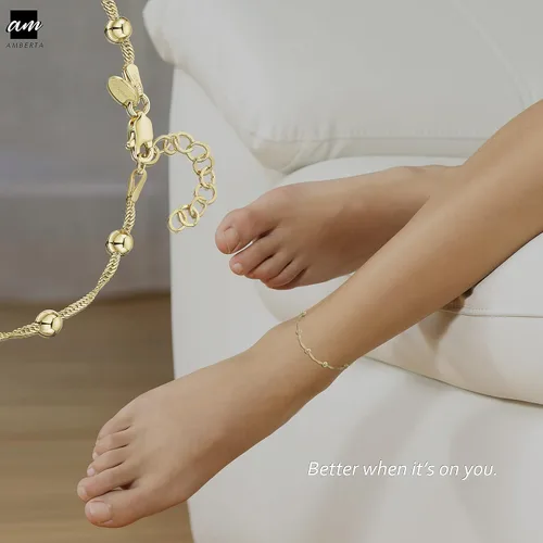 Vista 5 de Amberta 18K Gold Plated on 925 Sterling Silver Adjustable Anklet - Classic Chain Ankle Bracelets - 9 to 10 inch - Flexible Fit