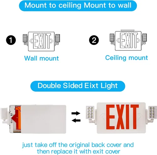 Vista 4 de Paquete de 1 letrero de salida con certificación UL con luces de emergencia, dos luces LED de salida de emergencia de cabeza ajustable con batería