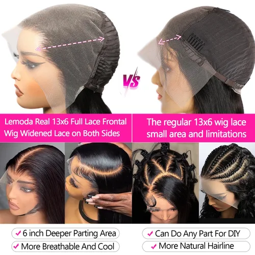 Vista 3 de Lemoda 13x6 Pelucas de encaje frontal completas de cabello humano 200% de densidad, peluca lacia HD con encaje frontal transparente de 13x6