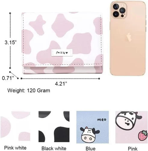 Vista 4 de Girls Cute Cow Print Wallet Small Cartoon Tri-folded Wallet Cash Pocket Card Holder ID Window Multi-Card Purse for Women