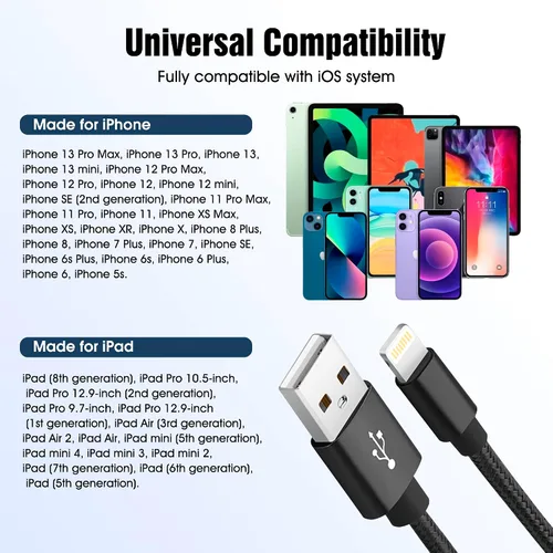 Vista 6 de ROFAY Cable de carga de iPhone de 2 pies [certificado MFI] de nailon trenzado de alta velocidad USB-A a Lightning de 2 pies compatible con iPhone 14