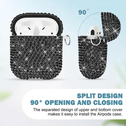 Vista 6 de Newseego Funda para AirPods de 1 y 2 generación, funda de lujo con diamantes de imitación brillantes con llavero para mujeres y niñas, anti-pérdida