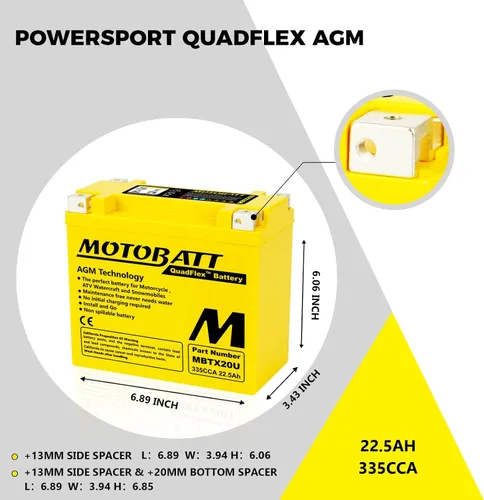 Vista 2 de MotoBatt MBTX20U (12V 21 Amp) 280CCA Batería activada de fábrica, no necesita mantenimiento, QuadFlex AGM