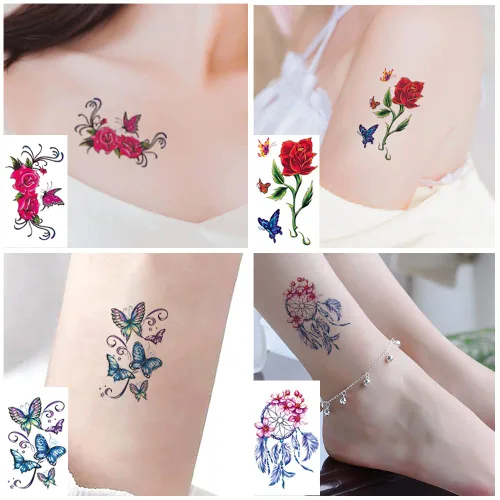 Vista 5 de 60 hojas de tatuajes temporales de flores, tatuajes de mariposas, palabras, líneas, tatuajes para adultos, hombres y mujeres