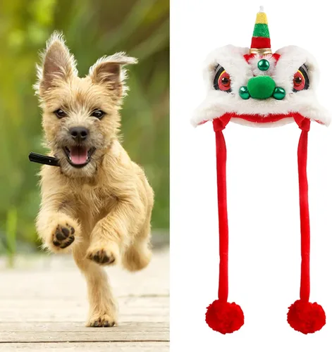 Vista 2 de Sombrero para perro, sombrero de león para mascotas de celebración de estilo chino, lindo sombrero de baile de león para perro ajustable para Año