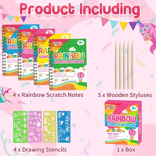 Vista 3 de Recuerdos de fiesta para niños: paquete de 4 cuadernos de arte de rascar arcoíris para estudiantes, regalos a granel para aula para niñas y niños