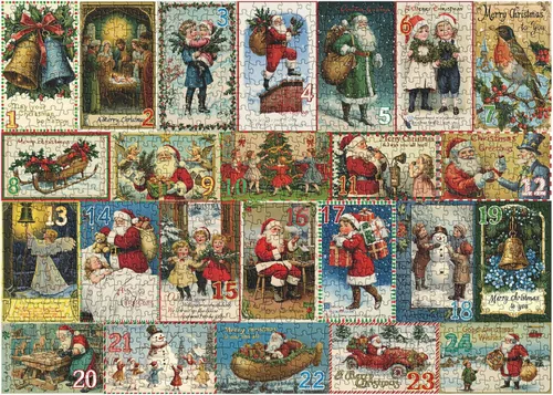Vista 2 de Rompecabezas de Navidad vintage para adultos de 1000 piezas, rompecabezas de vacaciones de Navidad con 24 postales de Navidad, rompecabezas