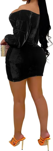 Vista 2 de Elainone Vestido ajustado de terciopelo con hombros descubiertos y cuello en V para mujer, fruncido, manga larga abombada, para cóctel, fiesta, mini