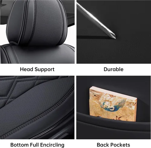 Vista 2 de Juego completo de 5 fundas de asiento de automóvil, fundas de asiento impermeables de cuero para autos, SUV, camiones, transpirables
