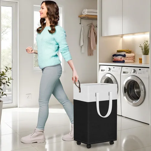 Vista 5 de HomeHacks - Cesta de lavandería rodante de 75L con ruedas, cesta de ropa plegable e impermeable, cesta de ropa móvil, contenedores de almacenamiento