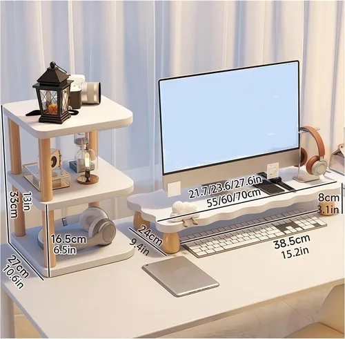 Vista 2 de Juego de soporte de monitor para escritorio, elevador de monitor de madera con estante de almacenamiento, soporte de monitor de computadora