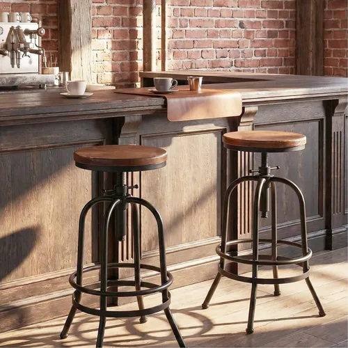Vista 13 de Taburete de bar industrial, de 26 a 32 pulgadas, ajustable, giratorio, de piel sintética, taburete de bar con reposapiés, para cocina, comedor, pub