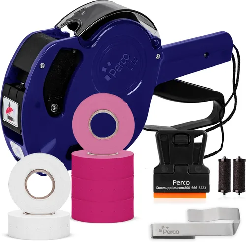 Vista 15 de Perco Lite - Pistola de precio de 1 línea con etiquetas, el kit incluye 3 rollos blancos, 3 rollos azules, 2 rodillos de tinta, 1 rollo de tinta