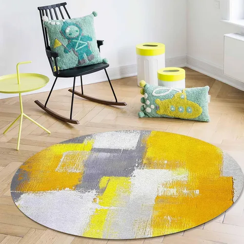 Vista 4 de Libaoge Alfombra redonda amarilla de 3 pies para cuarto de bebé, alfombra abstracta moderna y contemporánea, alfombra de yoga para niños y niñas