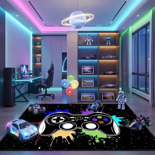 Vista 30 de Alfombra de suelo con estampado de videojuegos 3D para niños, alfombra pequeña roja para dormitorio, tapete de piso para habitación de niños