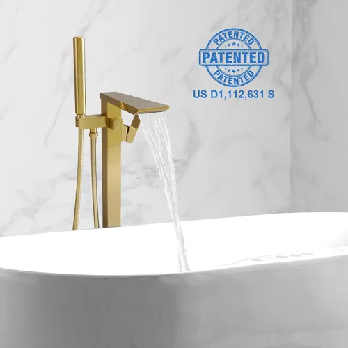 Vista 4 de RUMOSE Llenador de bañera de oro cepillado, relleno de bañera independiente para montaje en el suelo, grifo de bañera de cascada con certificado