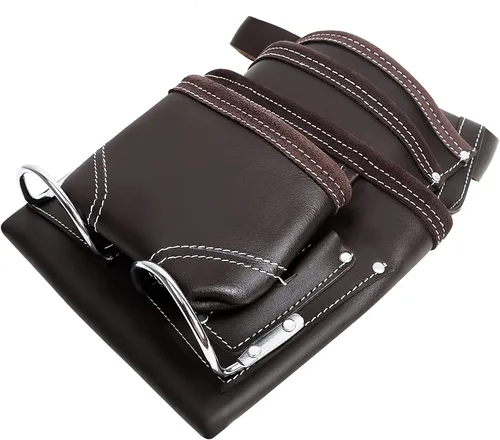 Vista 4 de Genuine Leather Tool Pouch Bag with 2'' Work Belt Included for Handyman, Construction, Carpenter, Farmers with 10 Pockets 2 Hammer Holders