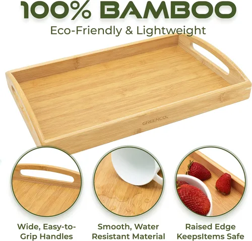 Vista 3 de Greenco Bandeja rectangular de bambú para servir mayordomo con asas, bandejas de cama para comer, bandeja de cama, bandeja de desayuno