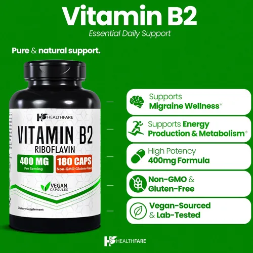 Vista 2 de Healthfare Riboflavina de vitamina B2 de 400 mg 180 cápsulas veganas Alta potencia Sin OMG Sin gluten Fabricado en Estados Unidos