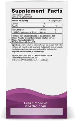 Vista 2 de Nordic Naturals DHA prenatal vegano, sin sabor, 60 geles blandos, 500 mg de DHA a base de plantas, apoya el desarrollo cerebral en bebés y un