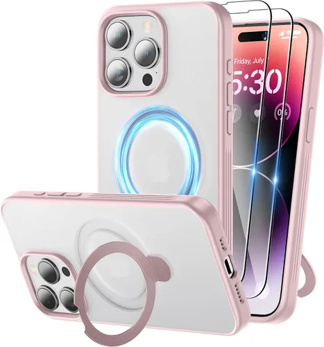 Vista 10 de Funda magnética para iPhone 15 con soporte, soporte de anillo invisible con protector de pantalla compatible con MagSafe Slim esmerilado mate, funda