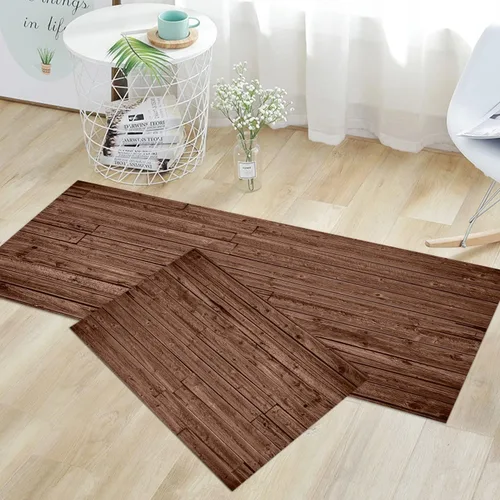 Vista 23 de GUBIYU Juego de 2 alfombras y tapetes de cocina de madera campestre, lavables, rústicas, tablones de madera marrón, alfombras de baño