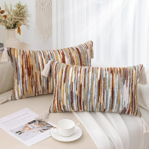 Vista 10 de Simmore Juego de 2 fundas de almohada decorativas estilo bohemio de 18 x 18 pulgadas, fundas de almohada estilo rústico copetudas con borlas