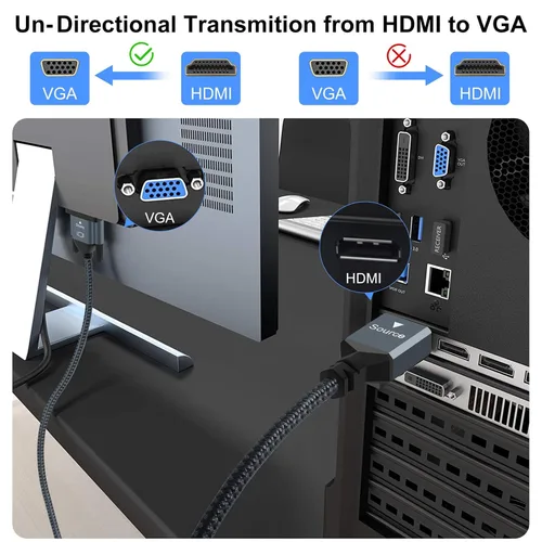 Vista 3 de Thsucords Cable HDMI a VGA de 3.3 pies, cable trenzado chapado en oro HDMI a VGA (macho a macho) compatible con computadora, escritorio, portátil