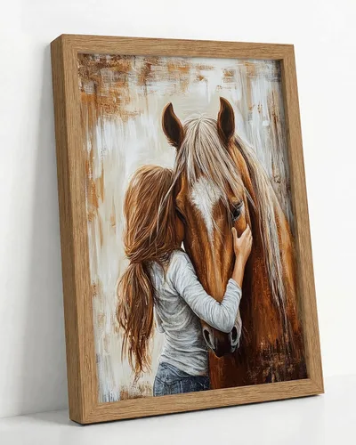 Vista 7 de Arte de Pared en Lienzo de Niña Pequeña y Caballo Tonos Tierra Cálidos Retro Decoración de Pared Imagen de Niña Pequeña Abrazando Caballo Castaño
