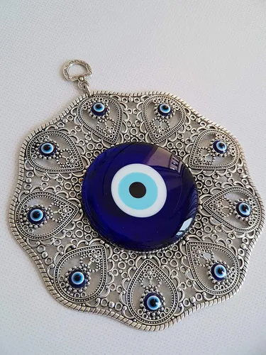 Vista 3 de Adorno colgante de pared azul de cristal turco de ojo turco - Decoración de metal para el hogar - Amuleto turco - Protección y dije de buena suerte