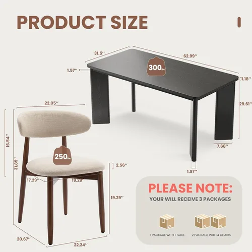 Vista 2 de MALOL Juego de mesa de comedor rectangular de 5 piezas para 4, mesa de cocina industrial de 63 pulgadas con 4 sillas de comedor tapizadas de madera