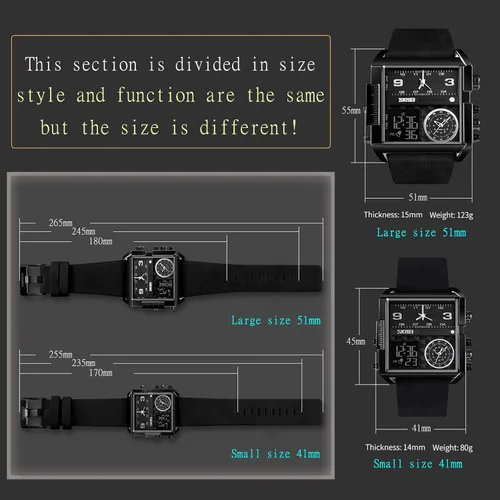 Vista 6 de SKMEI Relojes para hombre, relojes de pulsera cuadrados para hombre, retroiluminación LED, pantalla grande, zona multihoraria, reloj para hombre