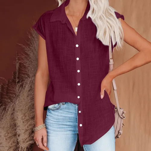 Vista 61 de Ceboyel Camisas para mujer de moda de verano, algodón, lino, manga corta, cuello con botones, blusa casual para mujer 2023