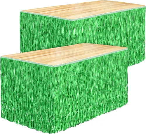 Vista 11 de Fovths 1 paquete de falda de mesa de hierba Luau con flecos de papel, falda de paja oscura de 108 x 30 pulgadas, faldas de mesa hawaianas