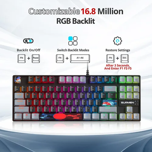 Vista 2 de Owpkeenthy Teclado mecánico 75% para juegos con interruptor rojo, 87 teclas con cable RGB TKL teclado retroiluminado para PC, Xbox PS
