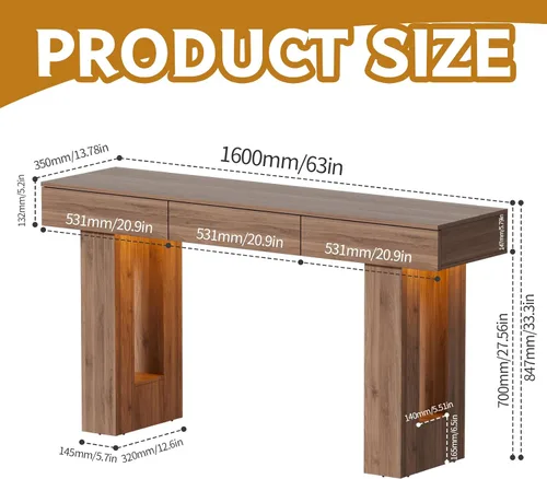 Vista 2 de PAKASEPT - Mesa de consola de 63 pulgadas con luces LED coloridas y 3 cajones, mesa de sofá rectangular de madera detrás del sofá, mesa de entrada