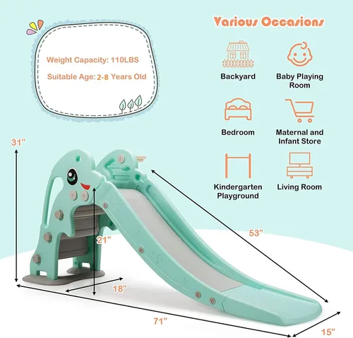 Vista 2 de Baby Joy Slide para niños, juego grande para escalador de juegos con pendiente de deslizamiento extralarga, aro de baloncesto y bola, regalo ideal