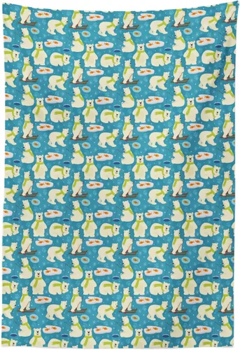 Vista 4 de Lunarable Cartoon Tapestry, Polar Bear with Scarf Skiing and Ice Fishing Cold Weather Arctic Animal, Fabric Wall Hanging Decor for Bedroom Living