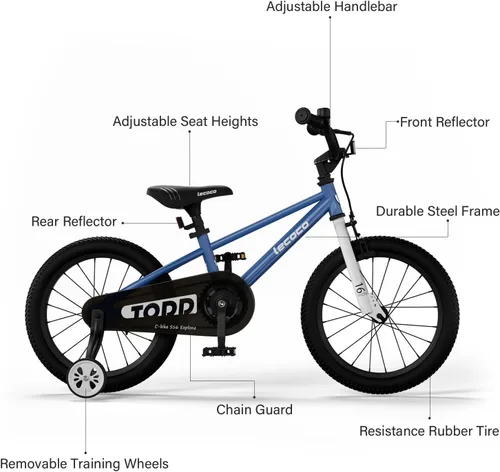 Vista 2 de lecoco Bicicleta infantil para niños y niñas, bicicleta infantil de 14, 16, 18 pulgadas, con ruedas de entrenamiento, frenos de pedal, freno de mano