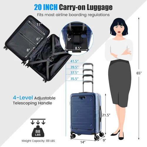 Vista 7 de Goplus Equipaje de mano, maleta rígida de policarbonato de 20 pulgadas con bolsillo frontal, mesa plegable, puerto de carga USB, doble bloqueo TSA