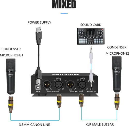 Vista 4 de MC2 - Fuente de alimentación Phantom de 2 canales y 48 V con cable de audio de 0.138 in para conectar interfaz de audio para micrófono