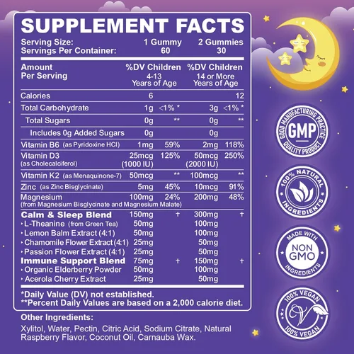 Vista 4 de Gomitas calmantes de magnesio para niños de 4 años y adultos, suplemento de magnesio sin azúcar con L-teanina, manzanilla, vitaminas B6, D3, K2