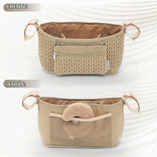 Vista 8 de Organizador de cochecito - Elegante nailon acolchado en espiga 3D, ajuste universal, bolsa desmontable, almacenamiento múltiple ajustable para Beige