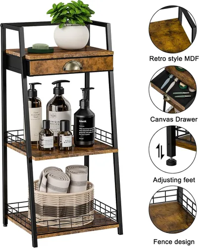 Vista 8 de keomaisyto Estantes de baño de 3 niveles con cajón de lona, estante de almacenamiento de baño, estante de almacenamiento pequeño, estante