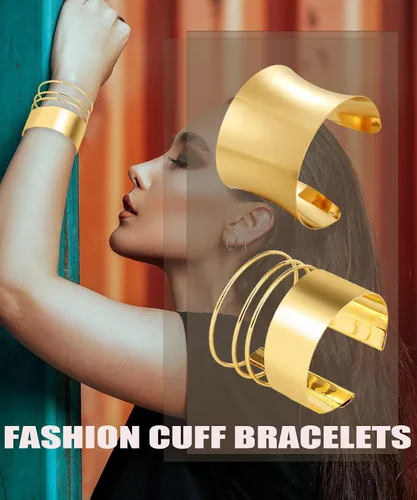 Vista 7 de BOMAIL Juego de 2 pulseras de brazalete para mujer, pulseras de alambre ancho abierto, pulsera dorada ajustable